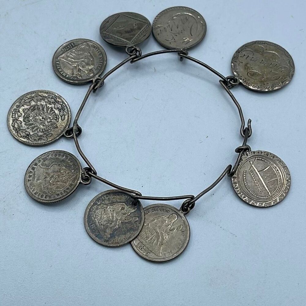 Antique Victorian silver coin name love bracelet.
